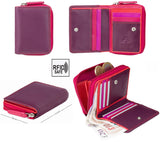 Womens Small Compact Purse Multi Coloured - Real Leather - RFID