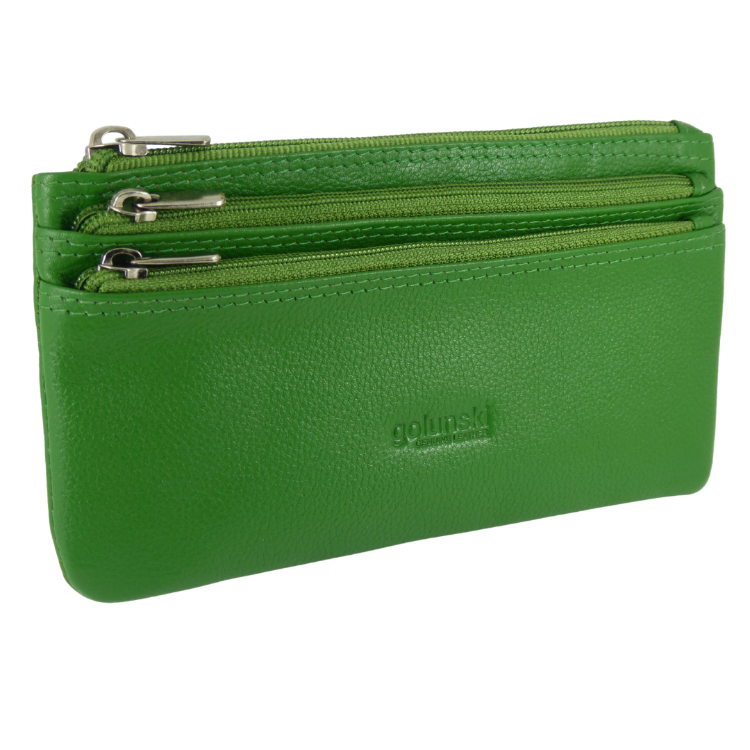 Real Leather Extra Wide 3 Zip Coin Purse - Full-Length Notes, No Folding