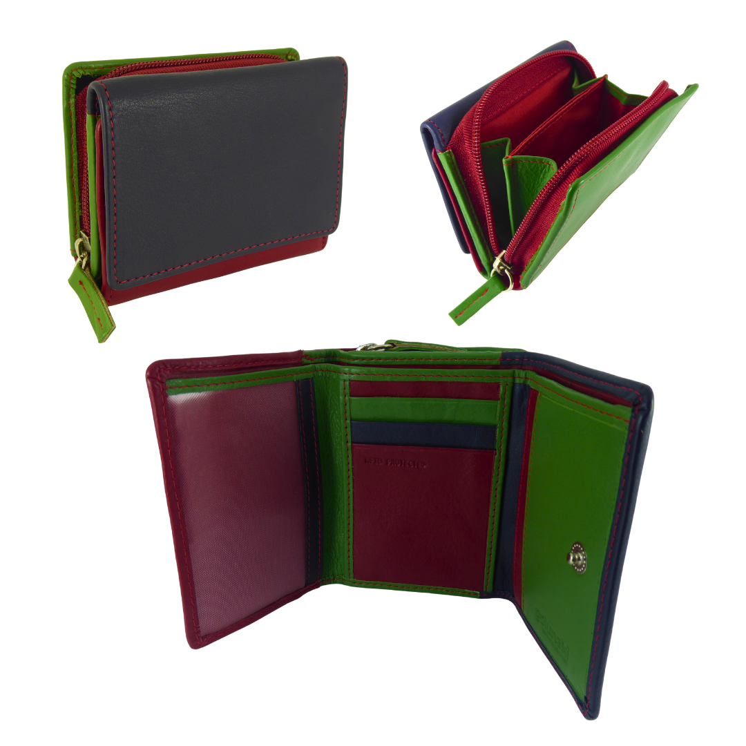 Womens Small Compact Trifold Real Leather RFID Protected Purse