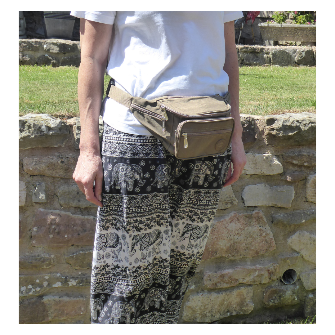 Lorenz Lightweight Bumbag & Waist Pack - 6 Zip Sections, Water Resistant - a person wearing a taupe colour bumbag