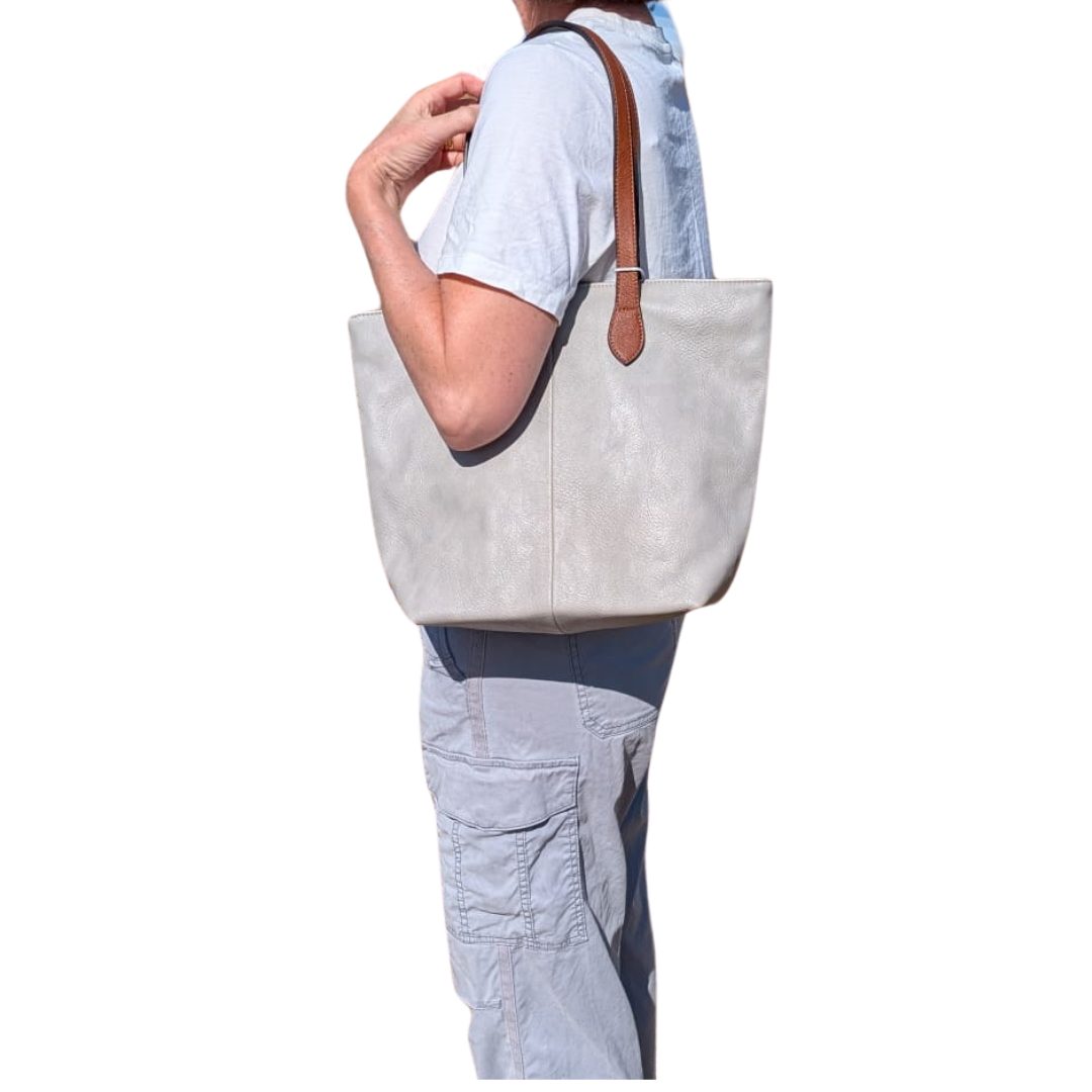 Leather-Look Zip Top Shoulder Tote Bag - Spacious with Internal Pockets