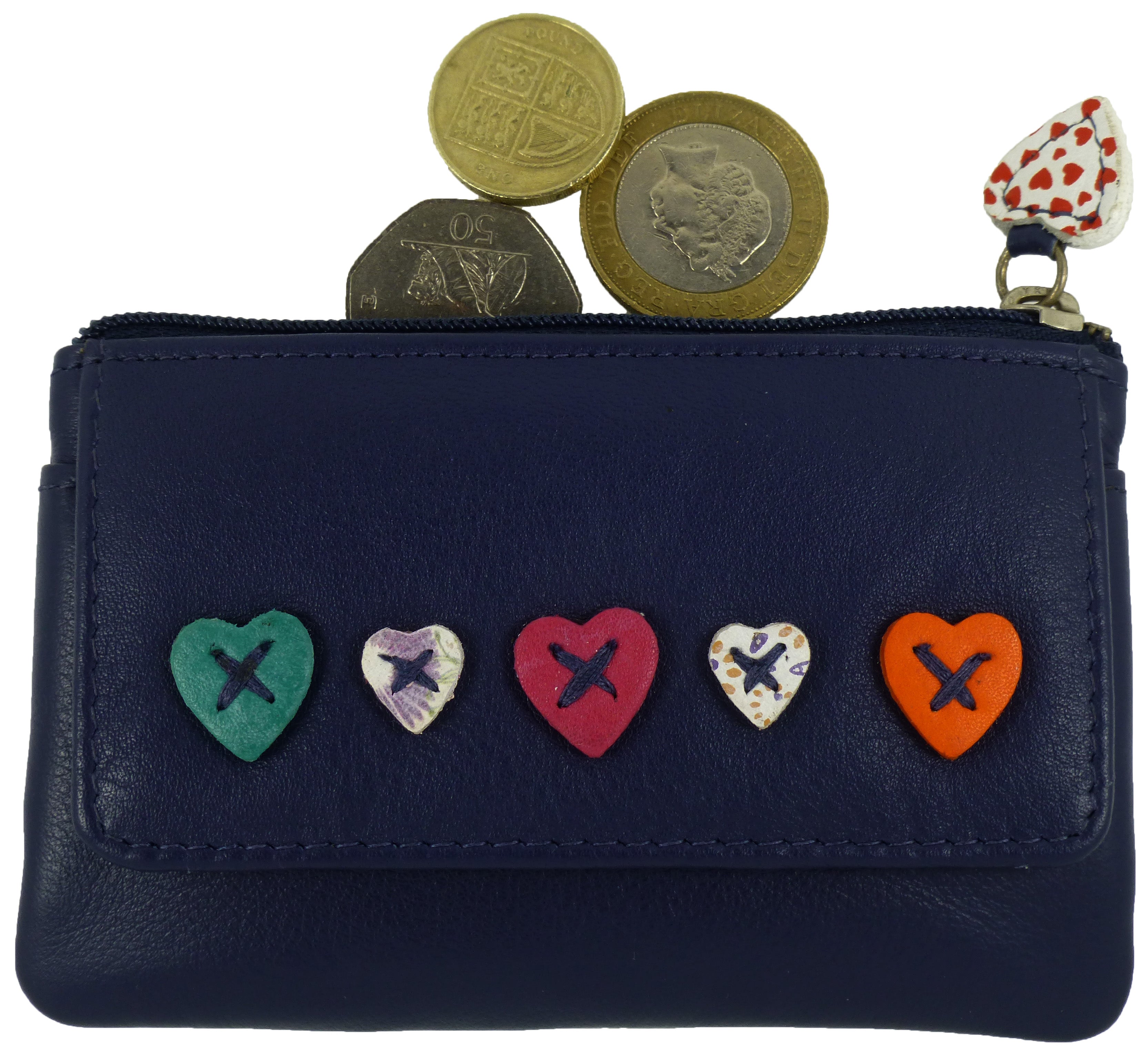 Heart Design Small Coin Key Card Purse Wallet Real Leather — angle view