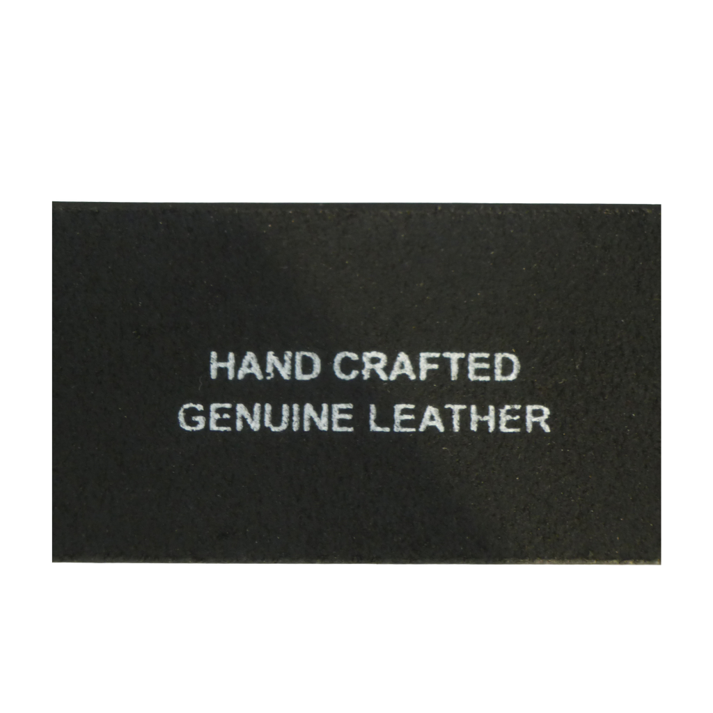 Back view of Hide and Sleek full grain leather belt showing stitched return and square silver buckle detail