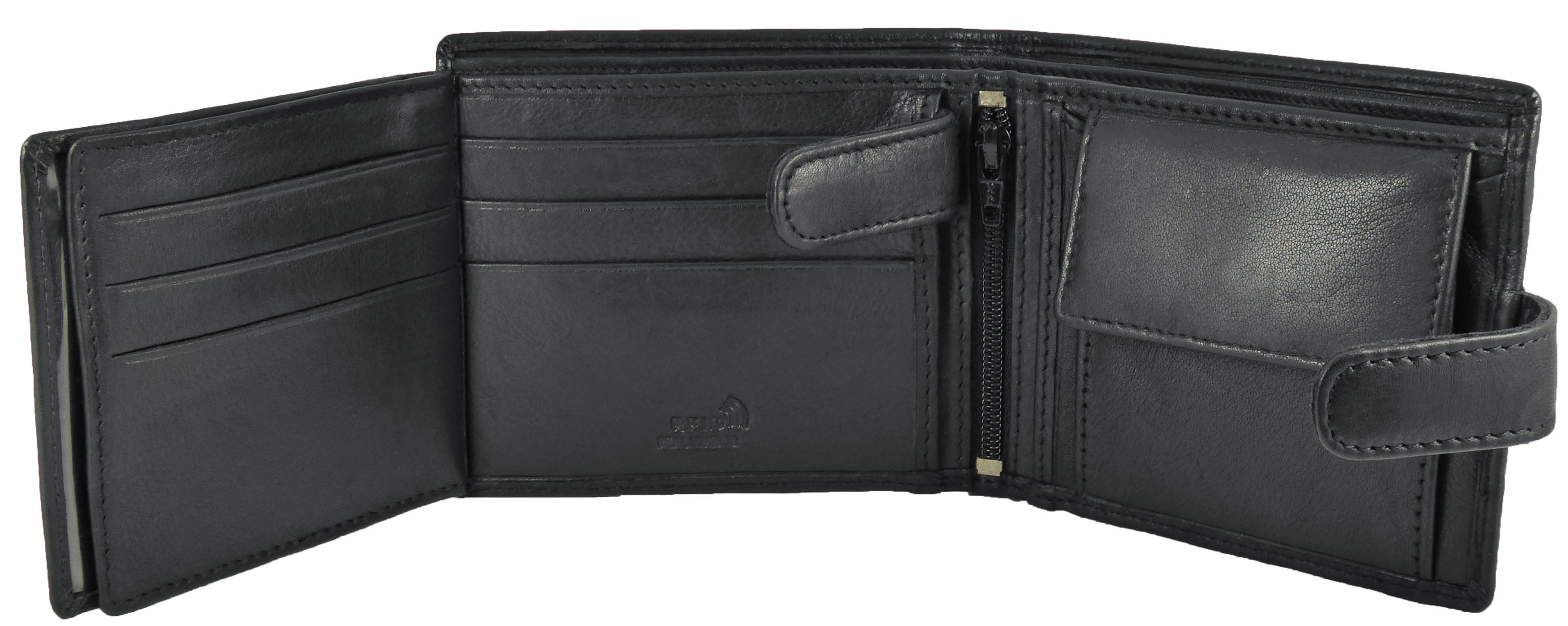 Leather Wallet 7 Card Slots, 2 Note Sections, Coin Pocket RFID Black — interior view