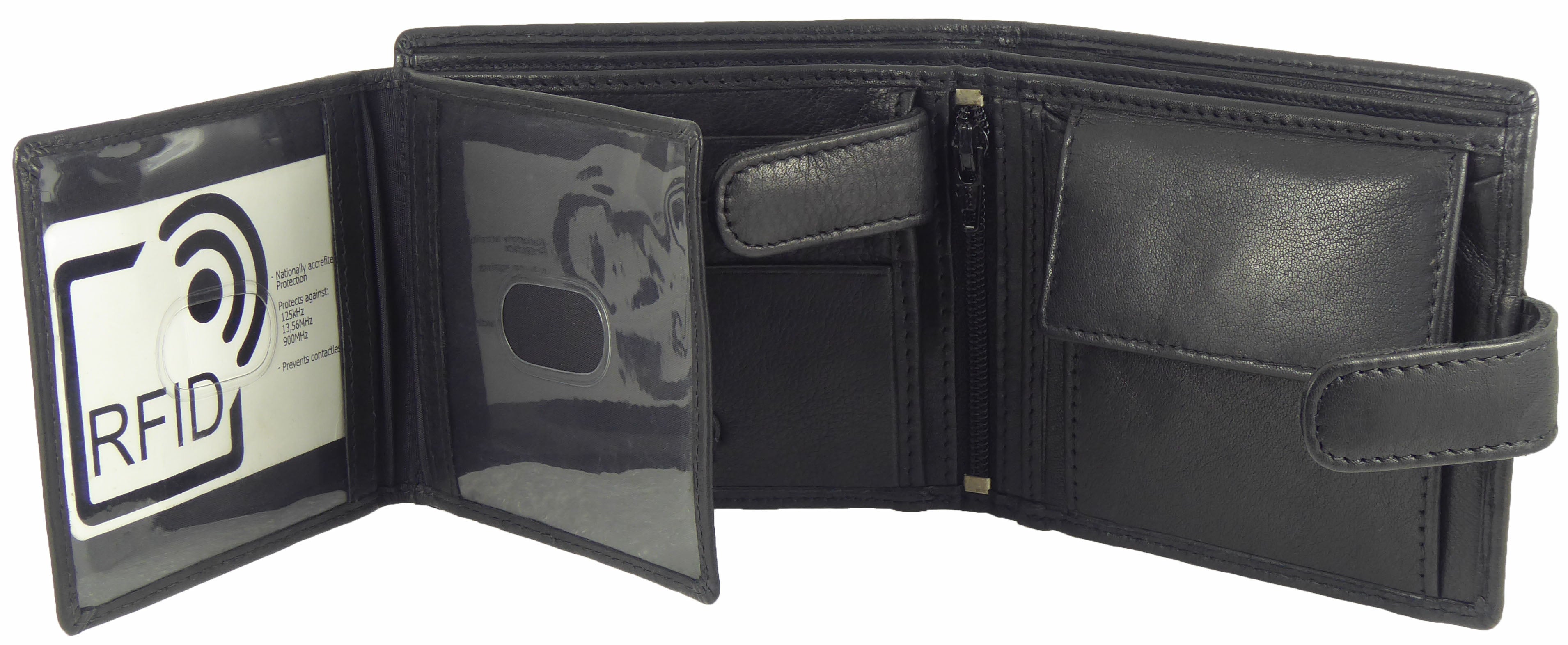 Leather Wallet 7 Card Slots, 2 Note Sections, Coin Pocket RFID Black — rear view