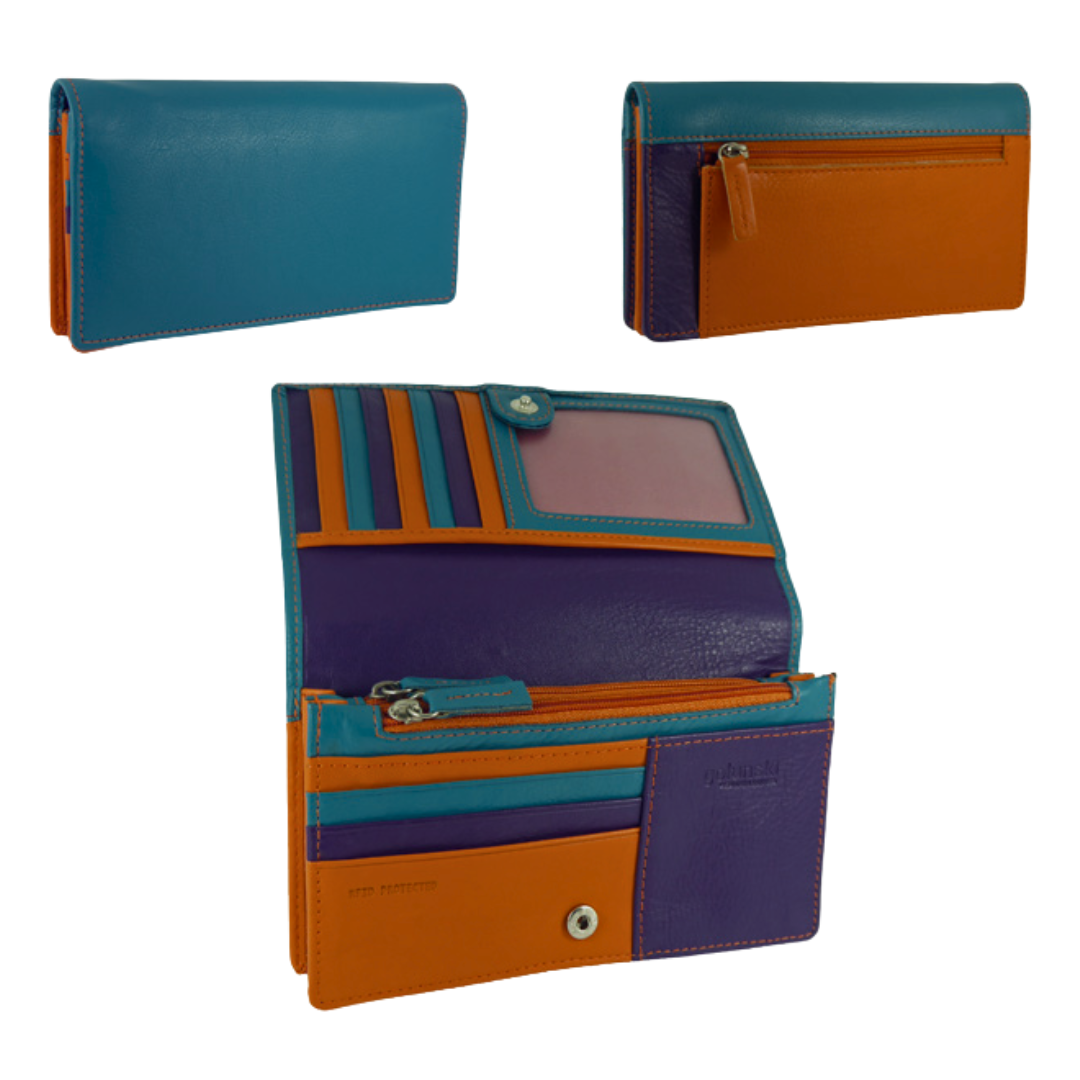 Womens Matinee Flapover Purse - 10 card slots Multicolour Real Leather