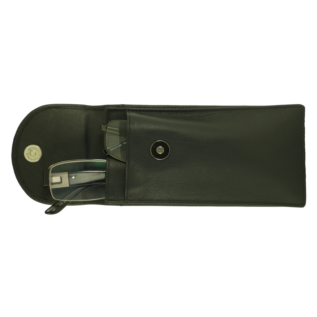 Black leather double eyeglasses case shown open, holding two pairs of eyeglasses, on a plain white background.