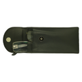 Black leather double eyeglasses case shown open, holding two pairs of eyeglasses, on a plain white background.
