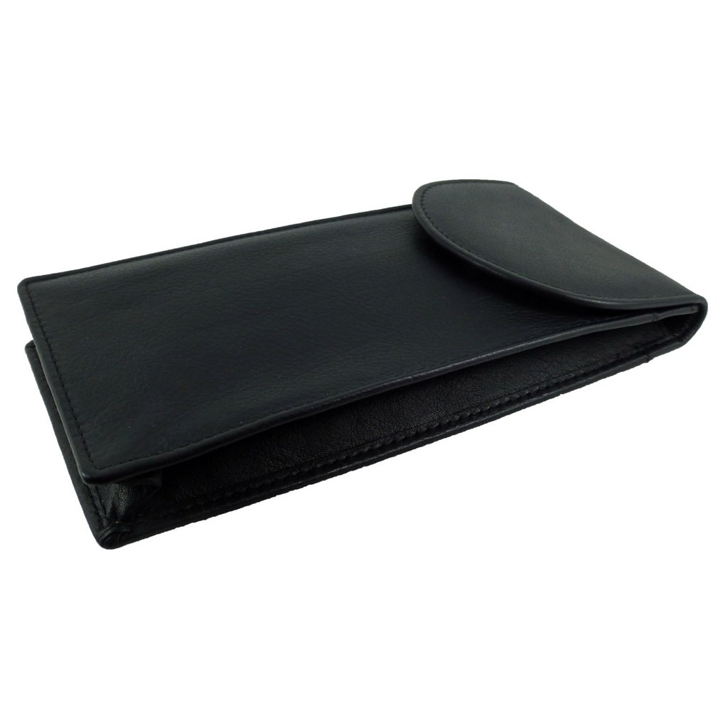 Black leather double eyeglasses case shown lying flat  closed , on a plain white background.