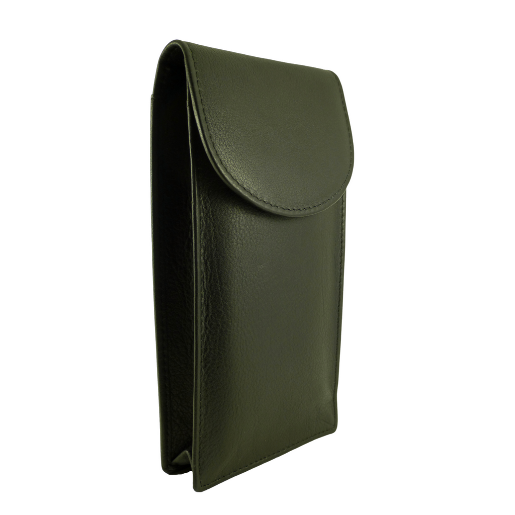 Black leather double eyeglasses case shown from the front closed , on a plain white background.
