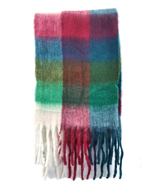 Large Thick Fluffy Blanket Scarf Shawl Chunky Oversized Checked Winter — White/Green/Pink