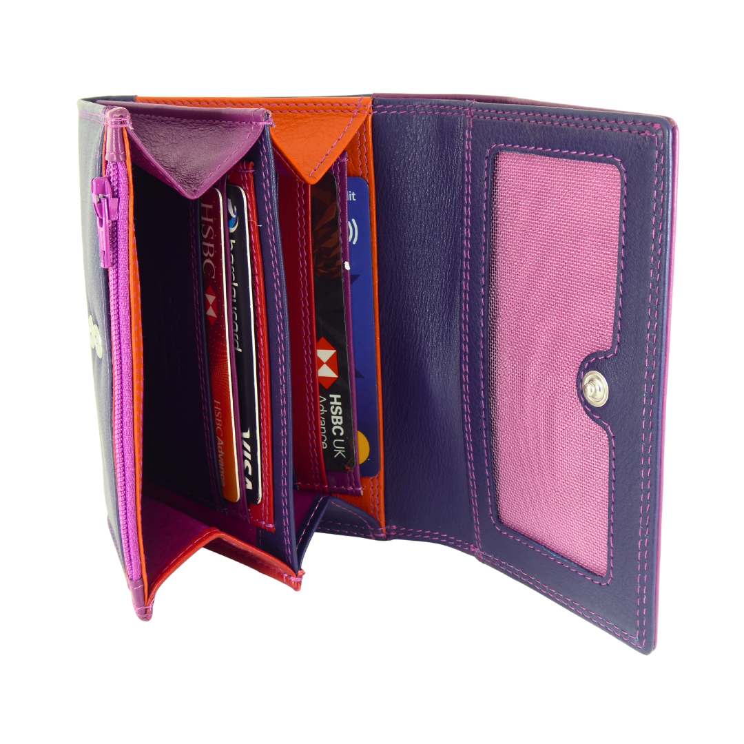 Multicoloured Leather Purse 6 Cards, Notes, Coins, Boxed