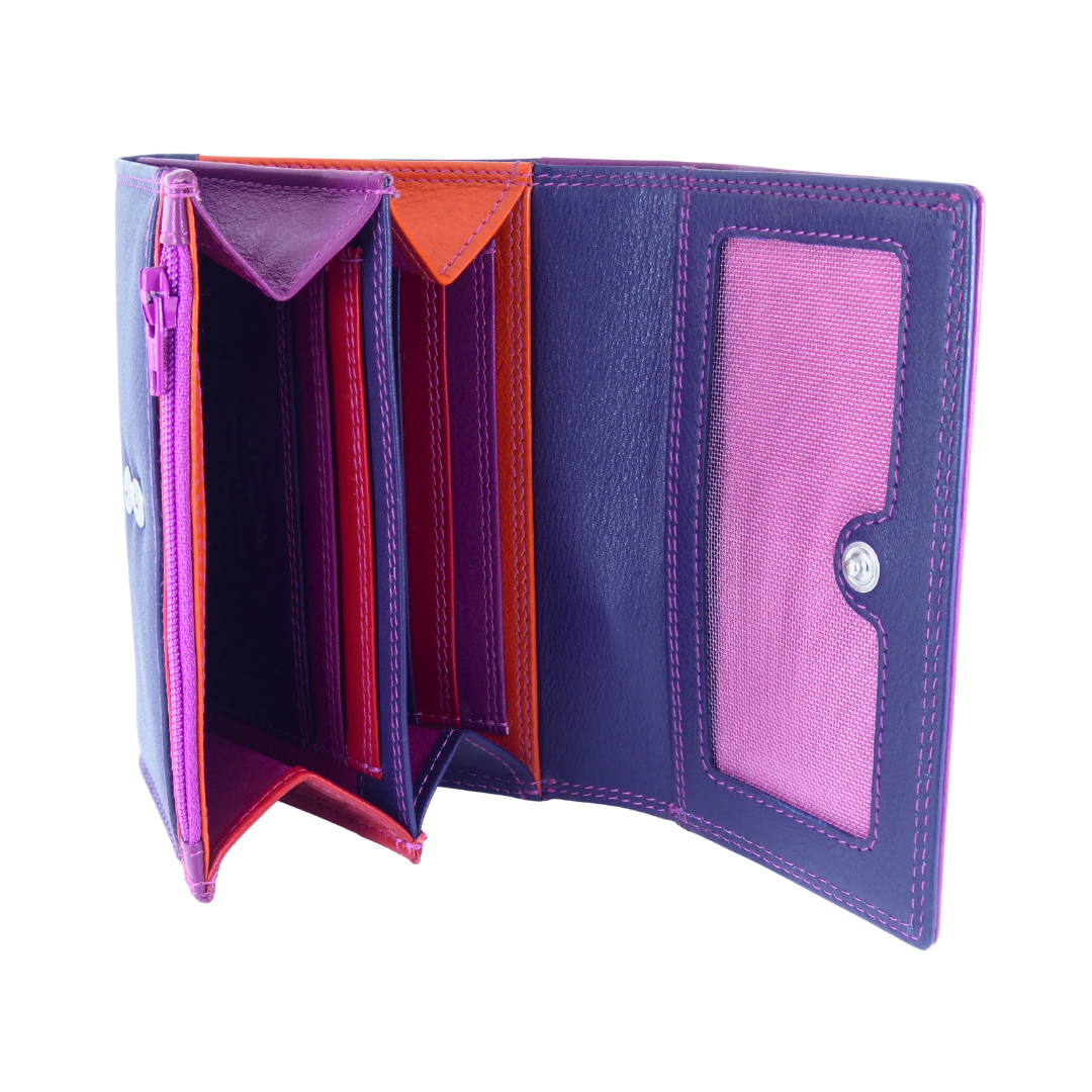 Multicoloured Leather Purse 6 Cards, Notes, Coins, Boxed