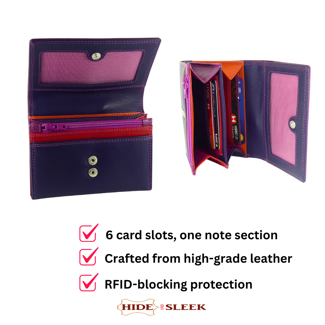 Multicoloured Leather Purse 6 Cards, Notes, Coins, Boxed