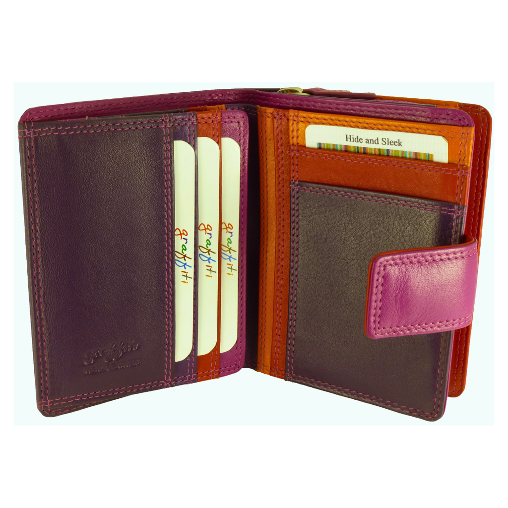Multicoloured Leather Purse 7 Cards, Notes, Coins, Boxed — Purple Multi