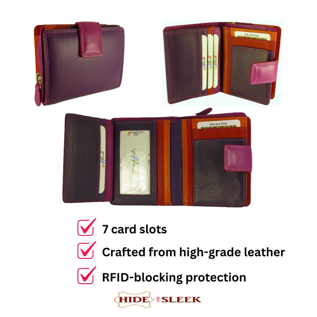Multicoloured Leather Purse 7 Cards, Notes, Coins, Boxed