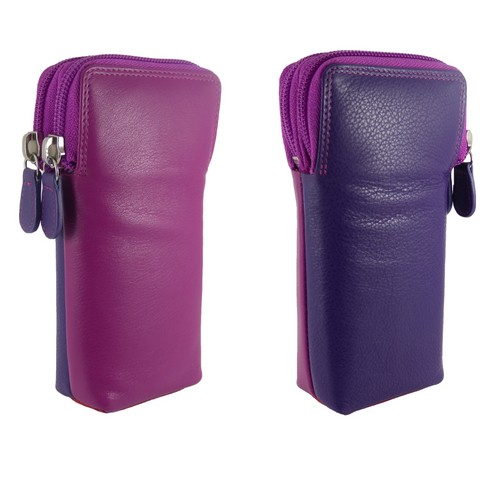 Double Sided Glasses Spectacle Case Multi Coloured Real Leather — Pink/Purple