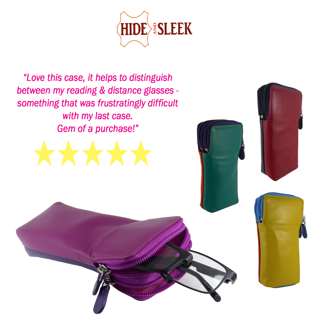 Double Sided Glasses Spectacle Case Multi Coloured Real Leather