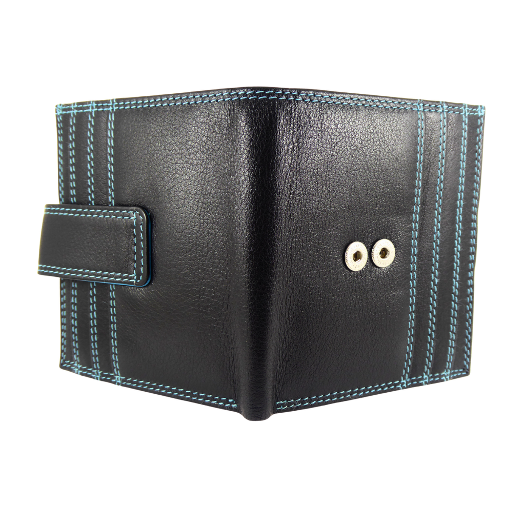 Multicoloured leather card and note holder — black multi rear open showing card slots