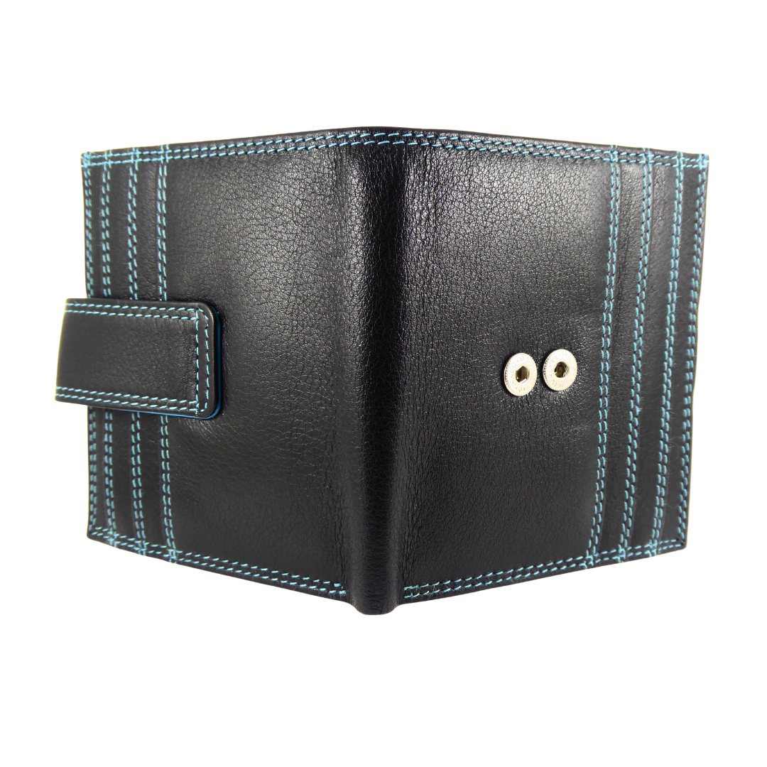 Multicoloured leather card and note holder — black multi rear open showing card slots
