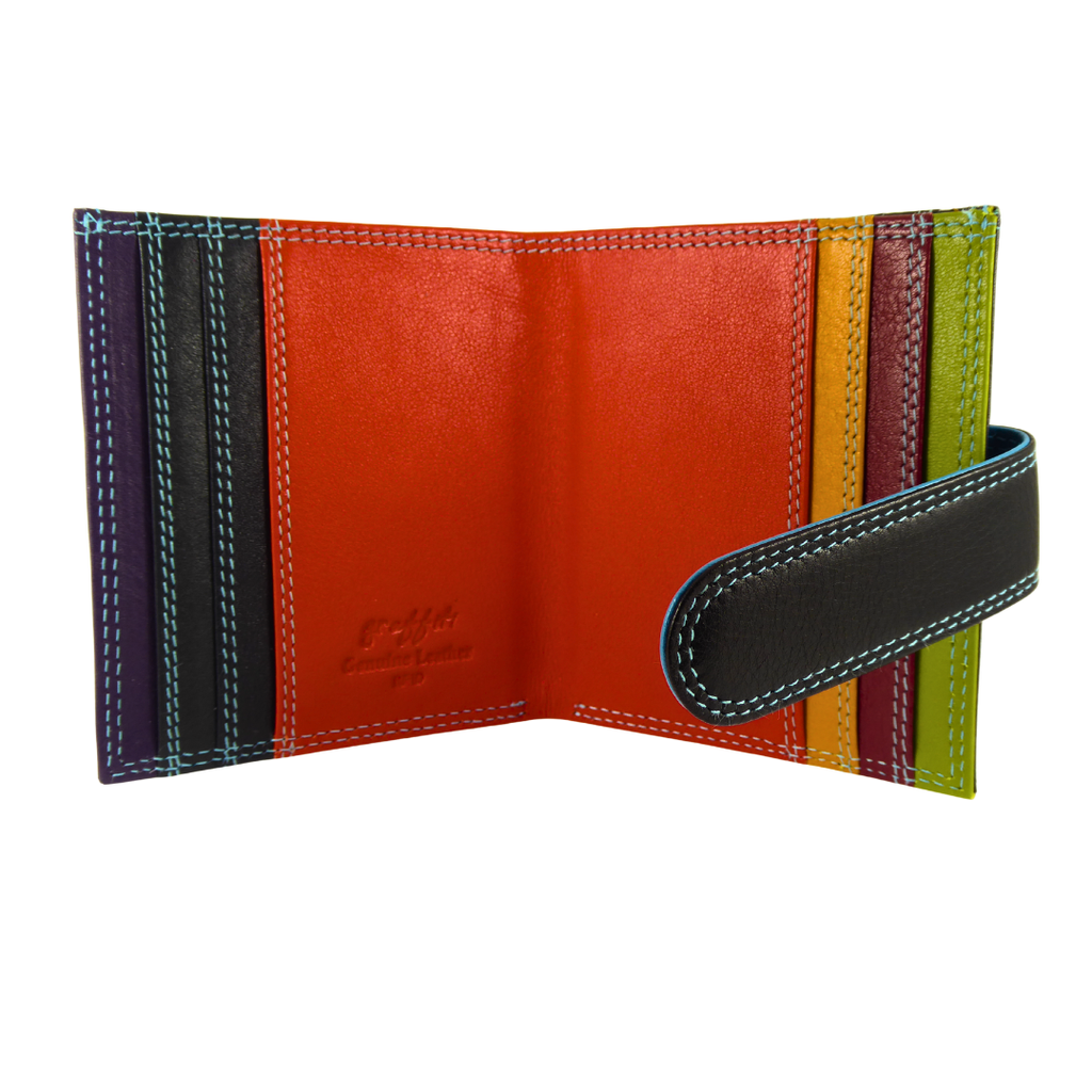 Multicoloured real leather card and note holder — black multi inside view showing card slots 