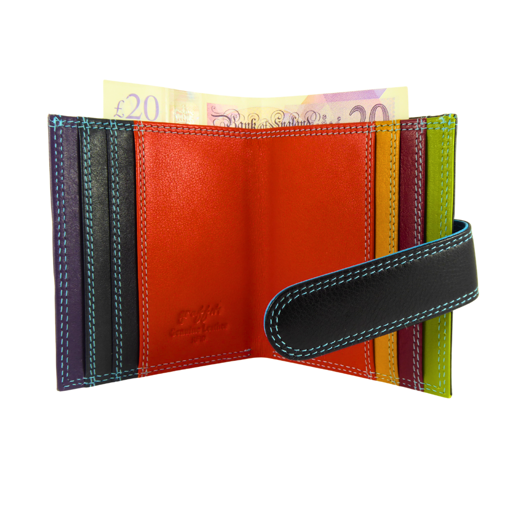 Multicoloured real leather card and note holder — black multi inside view showing card slots and a bank note coming out of the note section