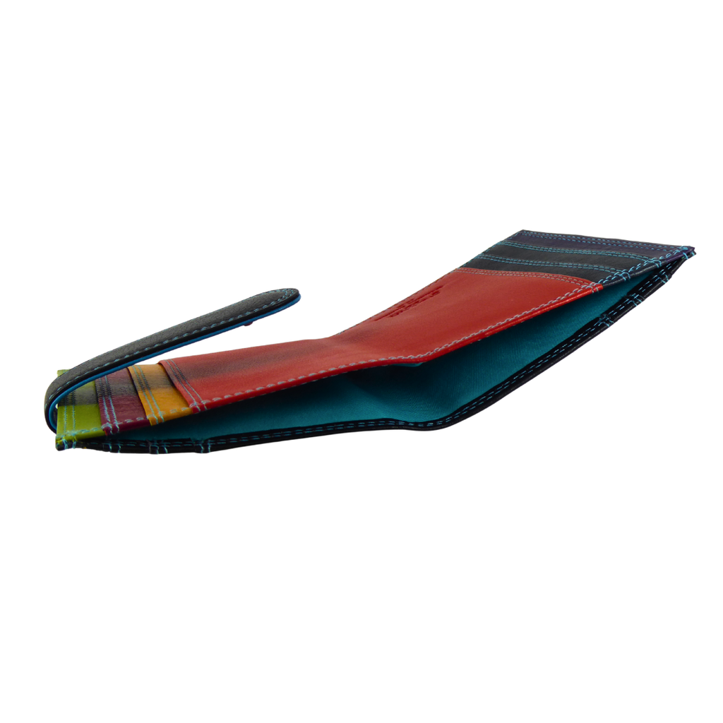 Multicoloured leather card and note holder — showing the internal view of the bank note section and the card slots are visible black multi