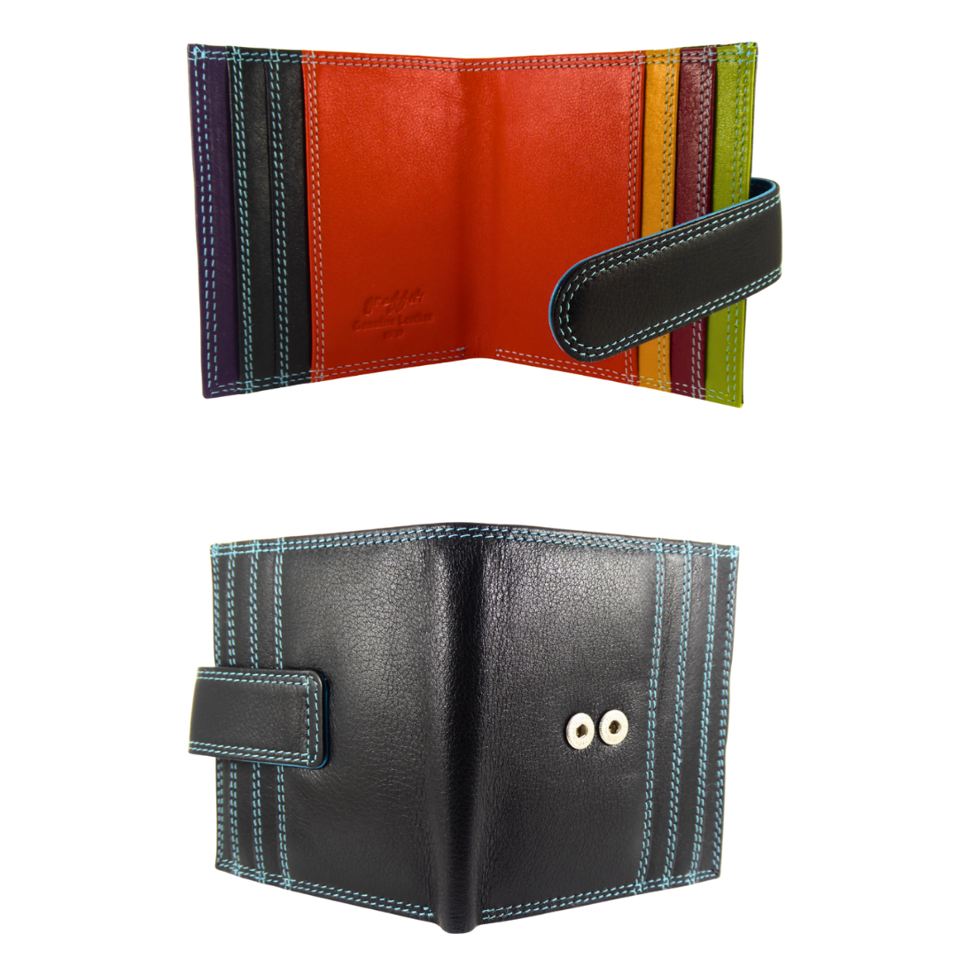 Multicoloured real leather card and note holder — black multi two view one showing inside view showing card slots and the other showing the rear view