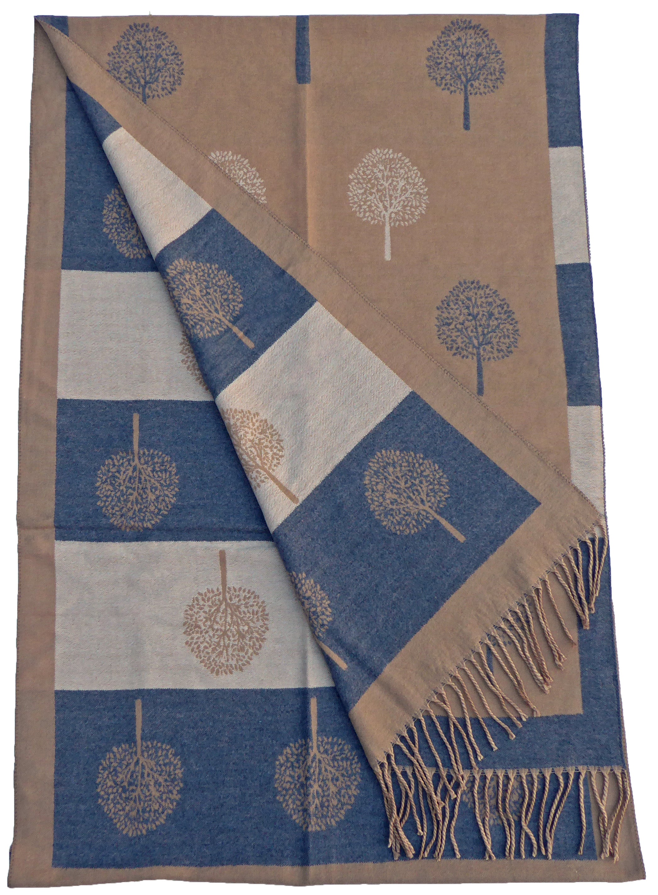 Tree Of Life Mulberry Design Stripe Long Scarf Shawl Soft Touch CASHMERE — Camel Multi