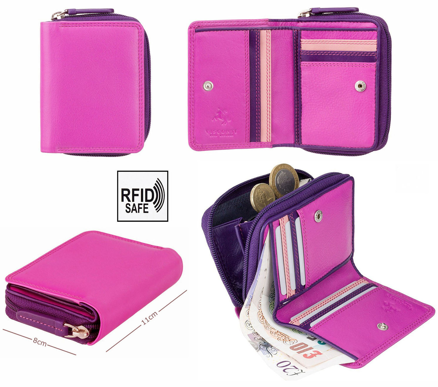 Womens Small Compact Purse Multi Coloured - Real Leather - RFID