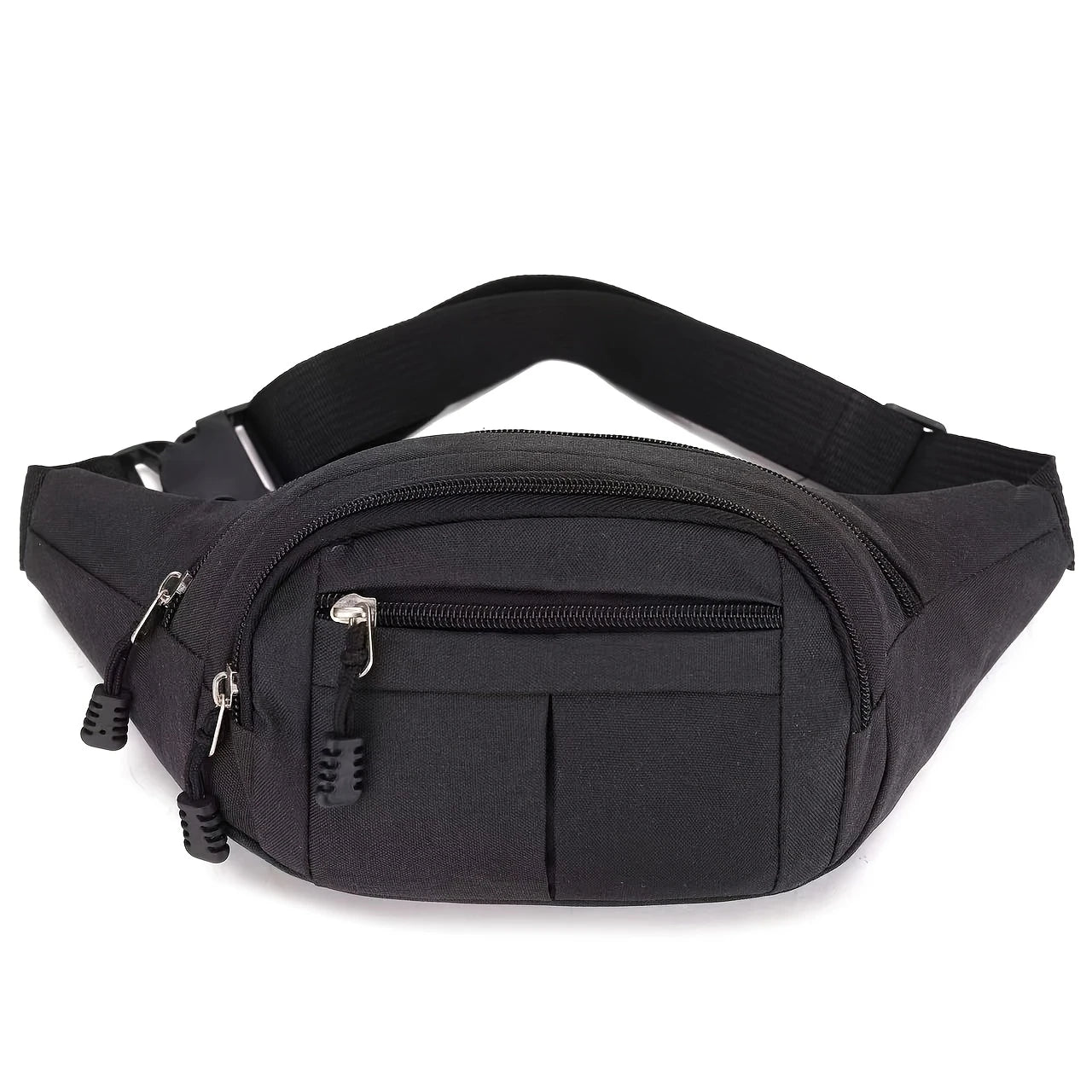 Canvas Bumbag Waist Hip Bag 4 Zip  - Holidays, Everyday, Travel Use, Festivals — Black