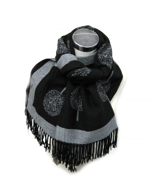 Tree Of Life Mulberry Design Stripe Long Scarf Shawl Soft Touch CASHMERE — Black