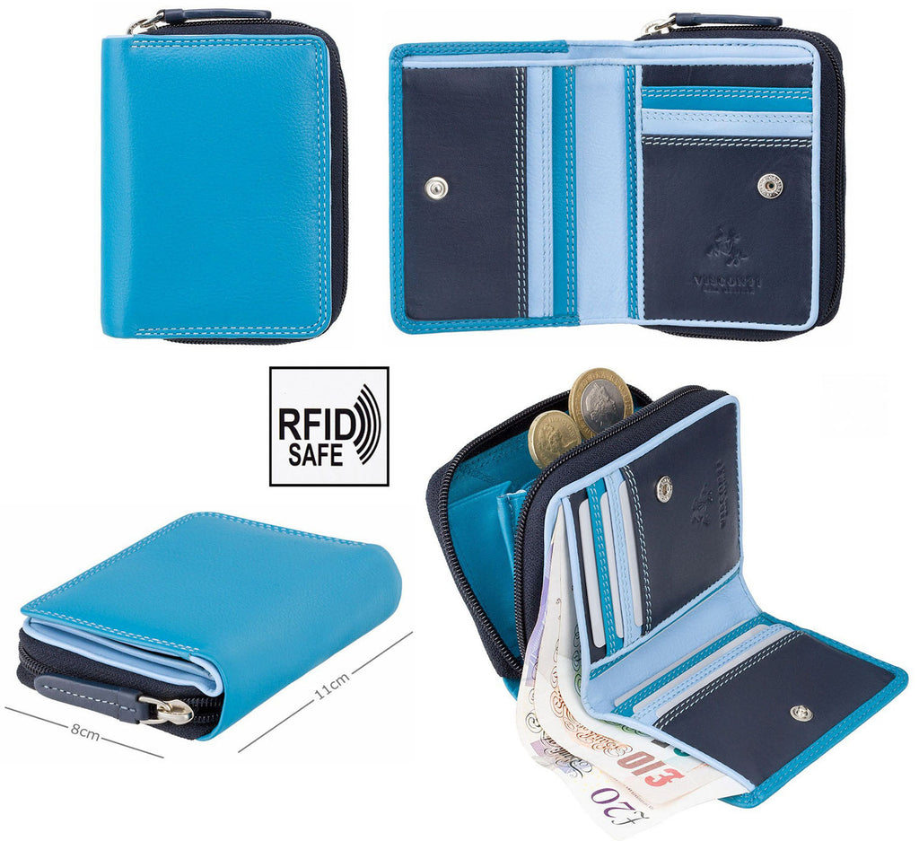 Small Compact Purse Multicoloured - Real Leather - RFID — Blue Multi