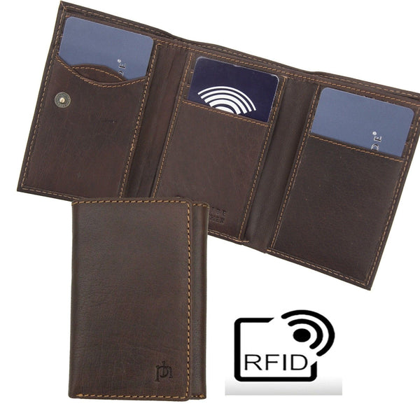 Mens Oiled Brown Leather Trifold Wallet 9 card slots