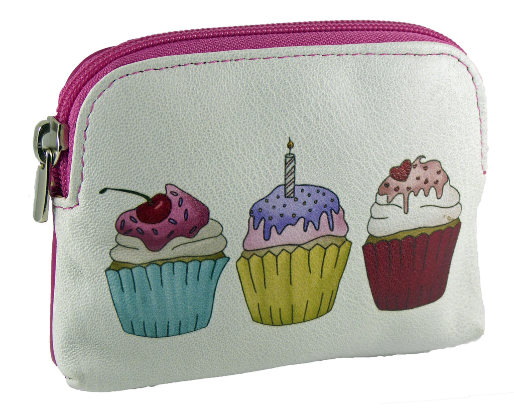Hide and Sleek cupcake real leather zip-around coin purse with printed cupcake design on white leather