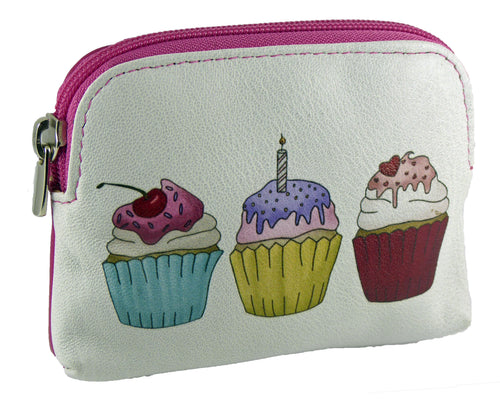 Hide and Sleek cupcake real leather zip-around coin purse with printed cupcake design on white leather