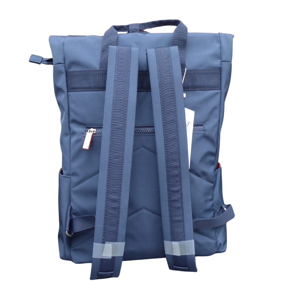 Navy Spirit Eco Roll Top Backpack (Large) — rear view showing handles and security pocket detail
