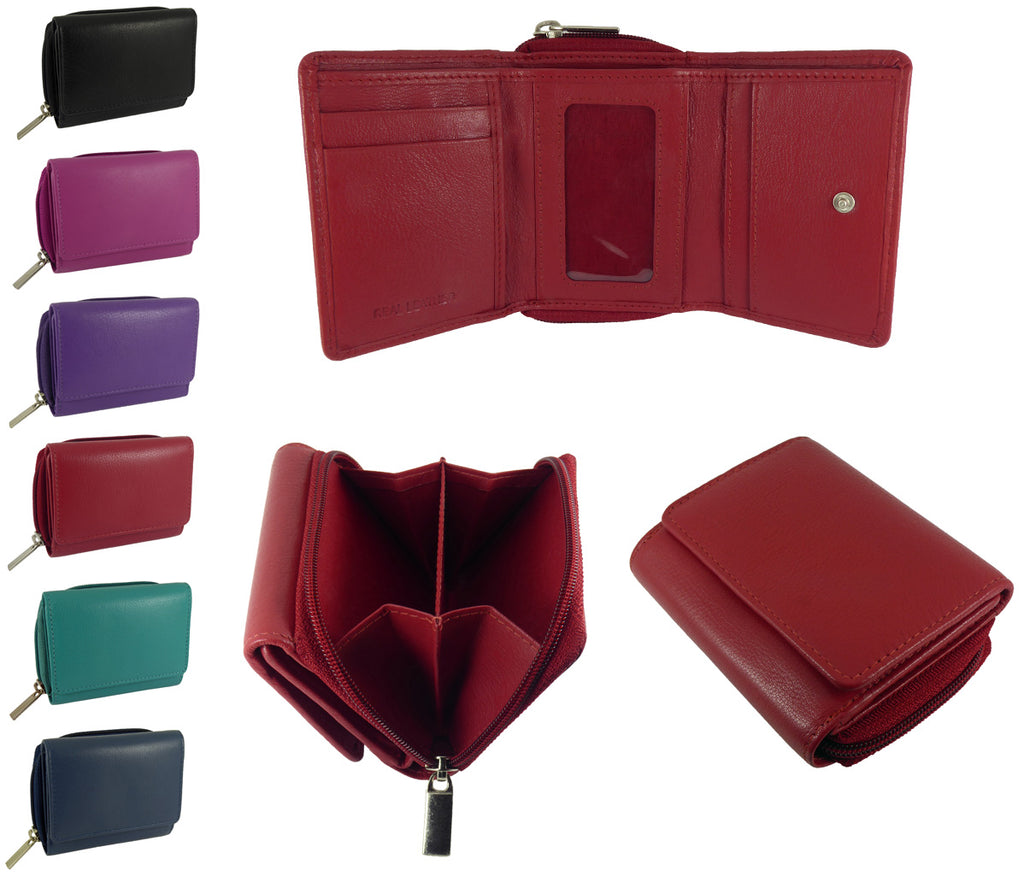 Small Compact Trifold Real Leather RFID Protected Purse