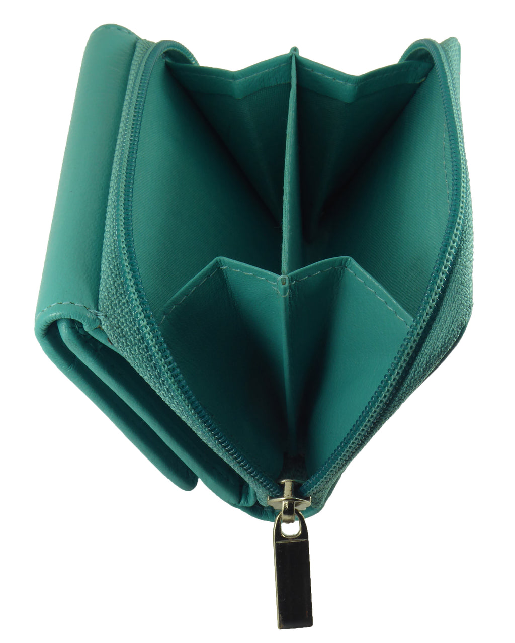 Small Compact Trifold Real Leather RFID Protected Purse — interior view