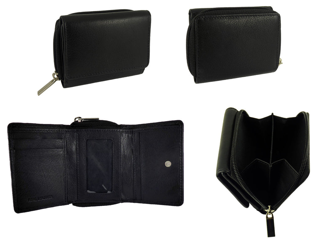 Small Compact Trifold Real Leather RFID Protected Purse — Black