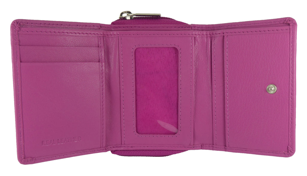 Pink Small Compact Trifold Real Leather RFID Protected Purse