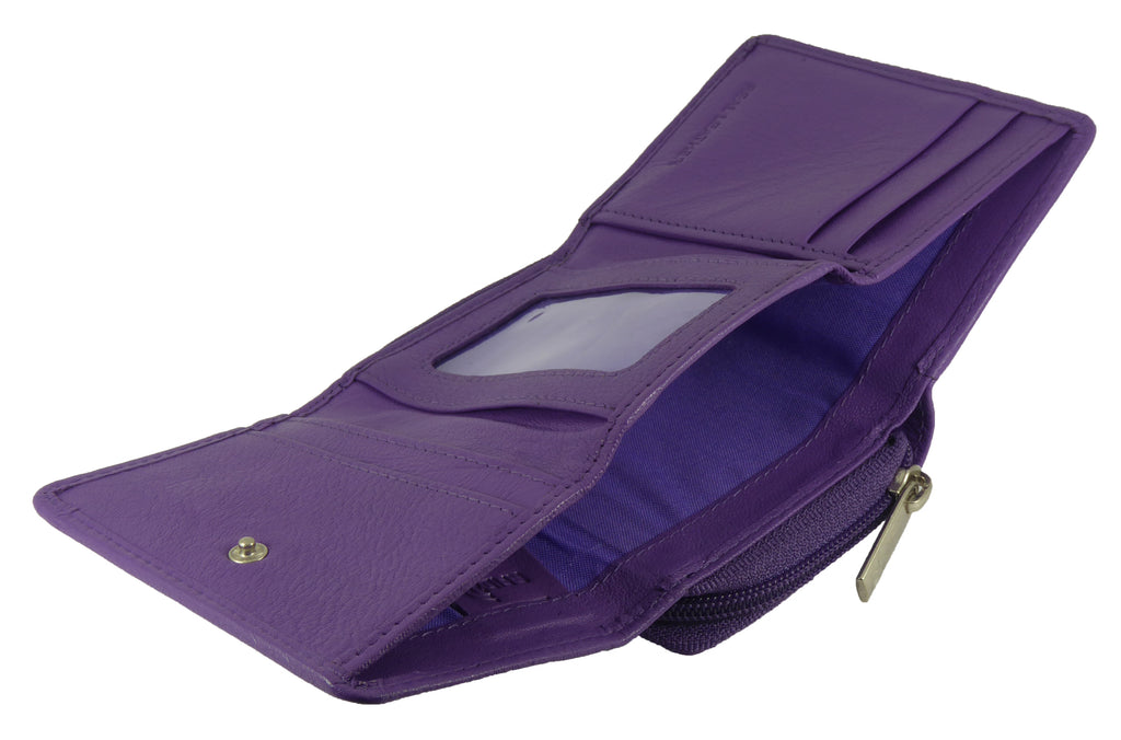 Purple Small Compact Trifold Real Leather RFID Protected Purse