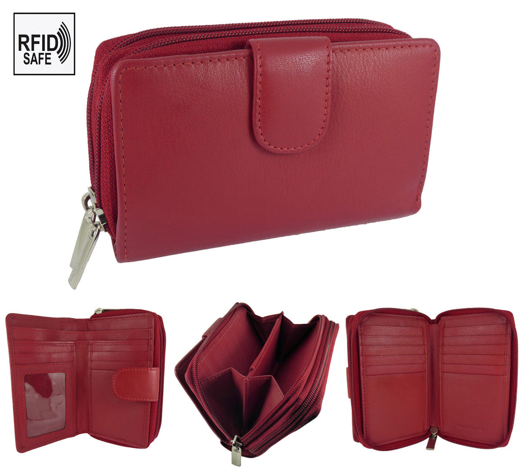 Imperfect Double Zip-around Coin Purse, Real Leather, RFID Protected — Red