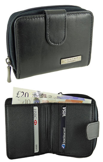 Lorenz Ladies Small Compact Leather RFID Protected Purse in Black
