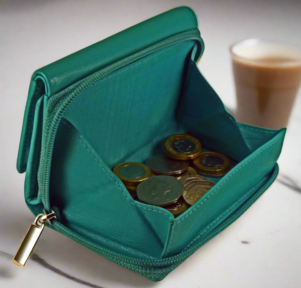 Zip-around Coin Tray Purse, RFID Protected Real Leather — detail view