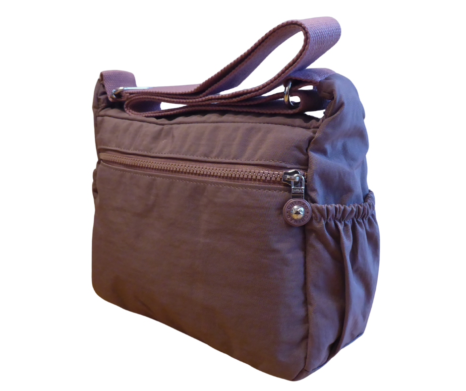 Nylon crossbody bag rear right angle – showing rear zip section and strap adjuster