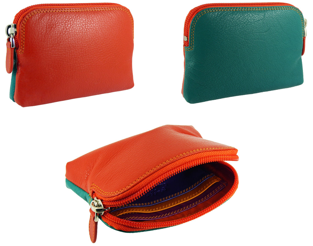 Imperfect Coin Zip Purse with Card Slots Real Leather RFID Multicoloured — Orange/Dark Green
