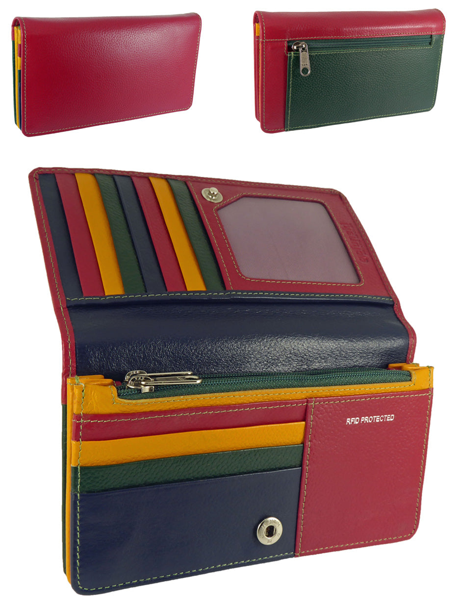 Womens Matinee Flapover Purse 14 cards, notes, coins Multi-Coloured Real Leather