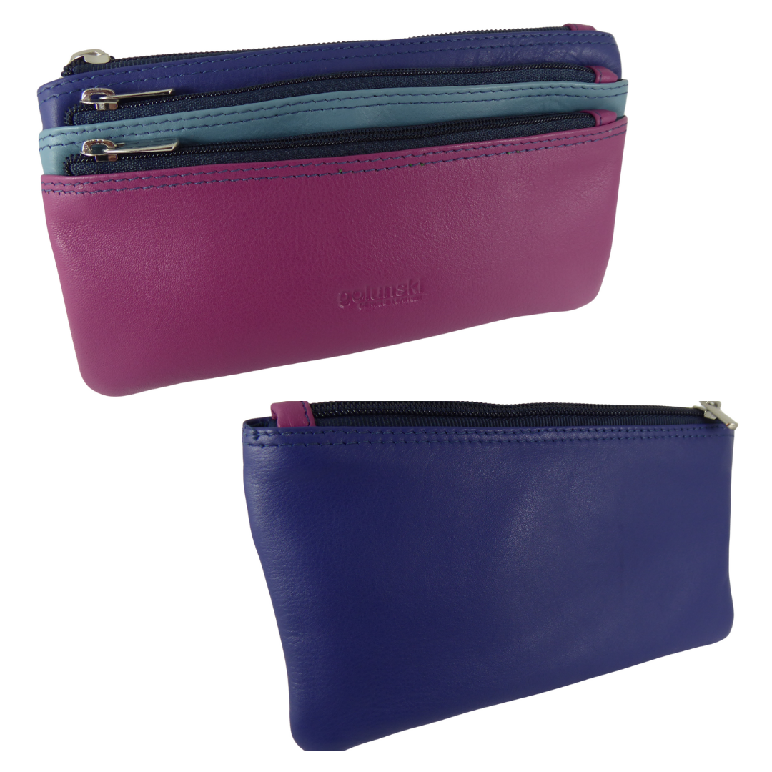 Womens 3 Zip Long Extra Wide Coin Purse Soft Real Leather