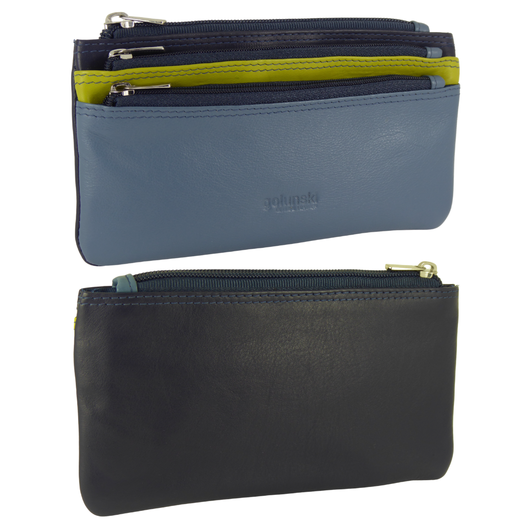 Womens 3 Zip Long Extra Wide Coin Purse Soft Real Leather